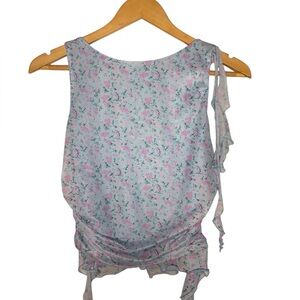 LUSH Blue Pink Floral Ruched Mesh Tank Top Large